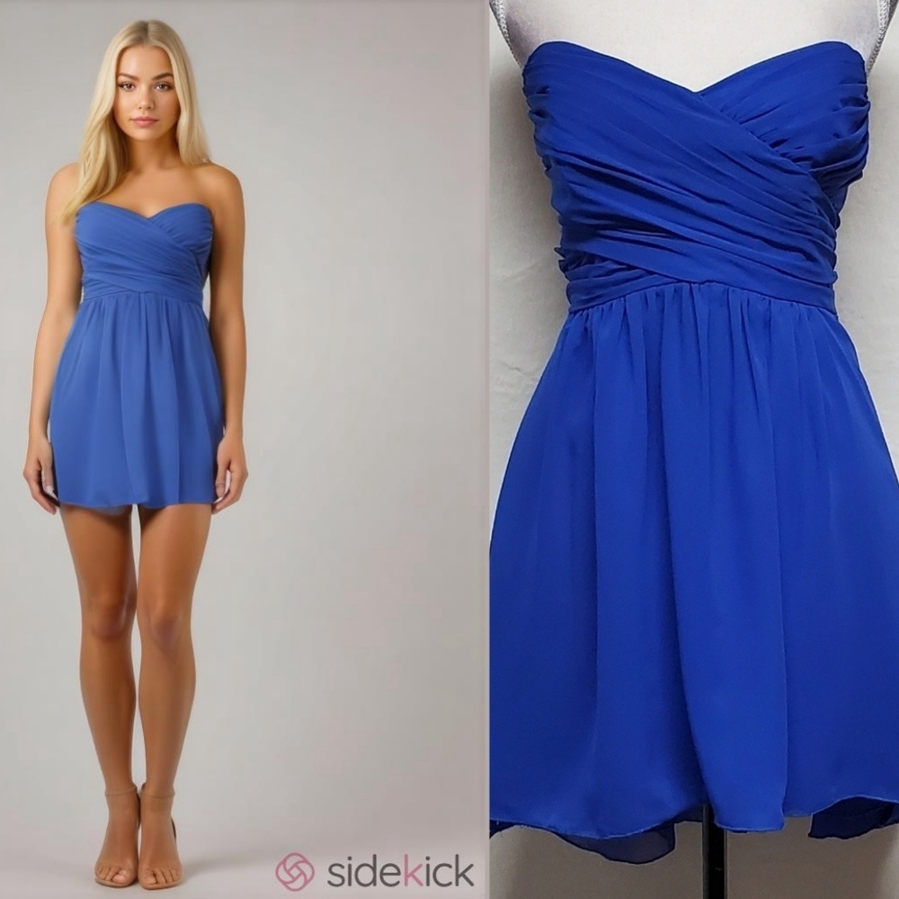 Alfred Angelo 7289S Cobalt Blue Chiffon Sweetheart Strapless High Low Mini Dress